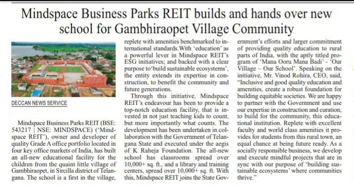 Mindspace Business Parks REIT builds and hands over new school for Gambhiraopet Village Community