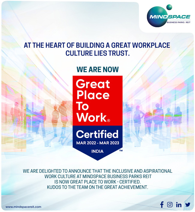 Mindspace Business Parks REIT recognized as Great Place To Work for 2<sup>nd</sup> consecutive year